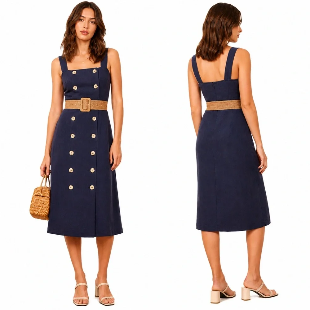Reformation Navy Double-Breasted Belted Midi Dress - Picture 2 of 14
